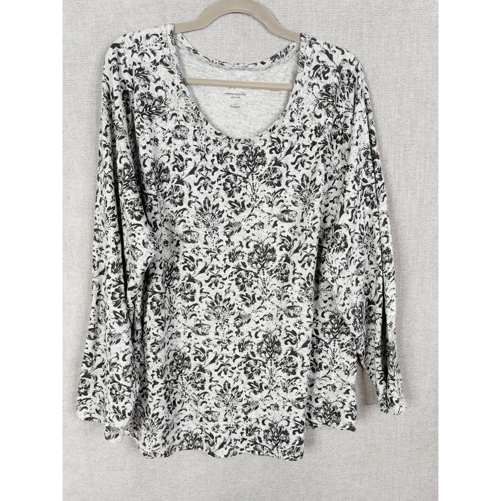 J Jill Top Womens 3X Grey Black Floral Scoop Neck Long Sleeve Slub Tee Casual